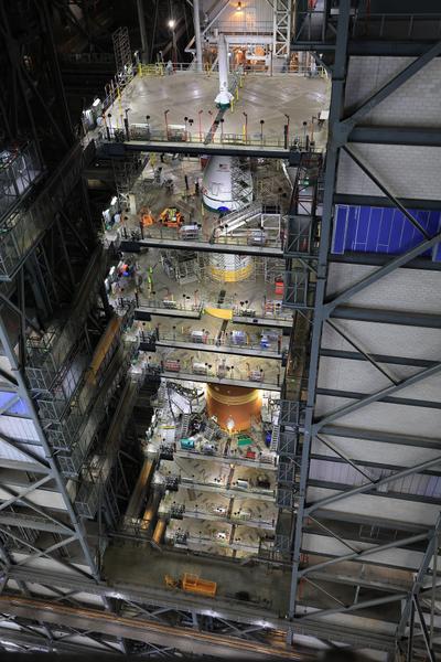 Orion stacked on SLS in the VAB